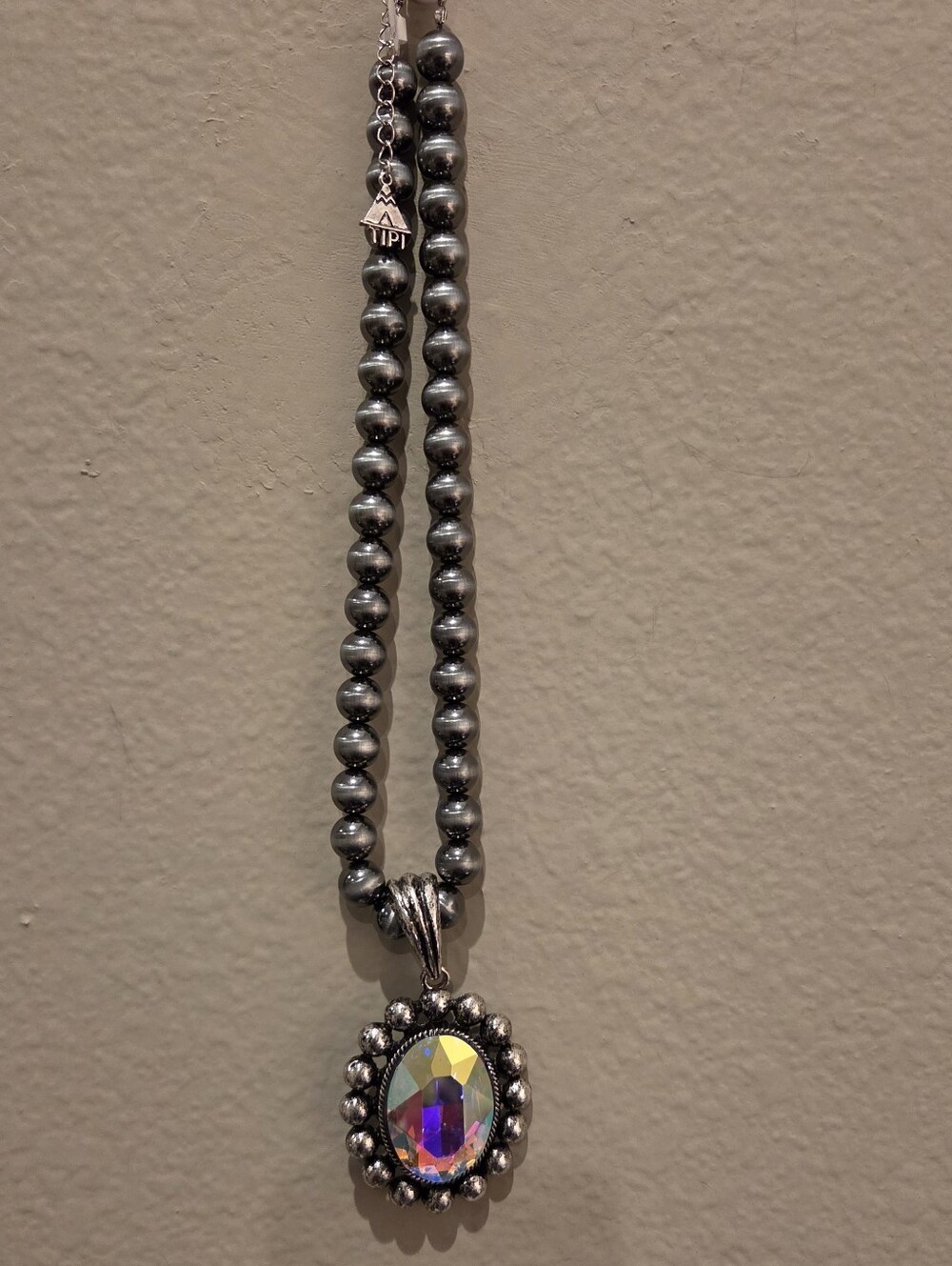 Tipi Iridescent Crystal Pendant Beaded Necklace - Silver Tone NEW